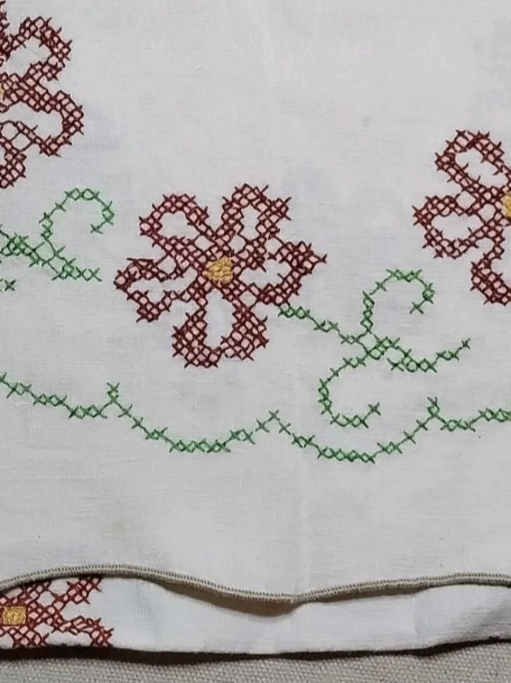 Vintage White Cotton Embroidered Floral Table Runner Pink Green Accents 40x13